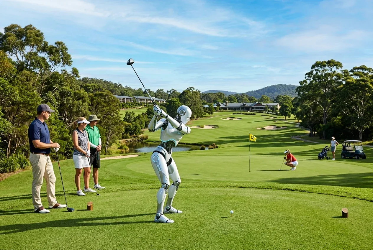 Humanoid robot teeing off alongside human golfers on a lush championship fairway