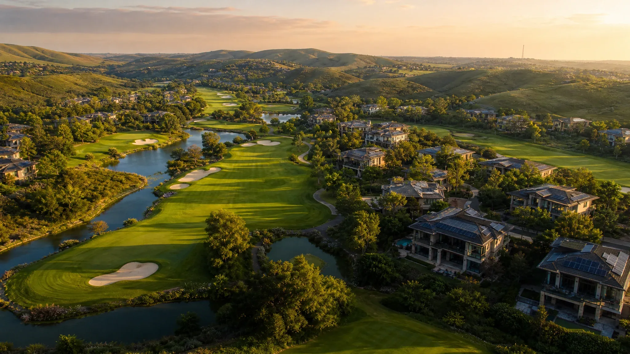 Aerial view of a championship golf course winding through a green valley with double-story solar eco-homes and gentle green hills at golden hour