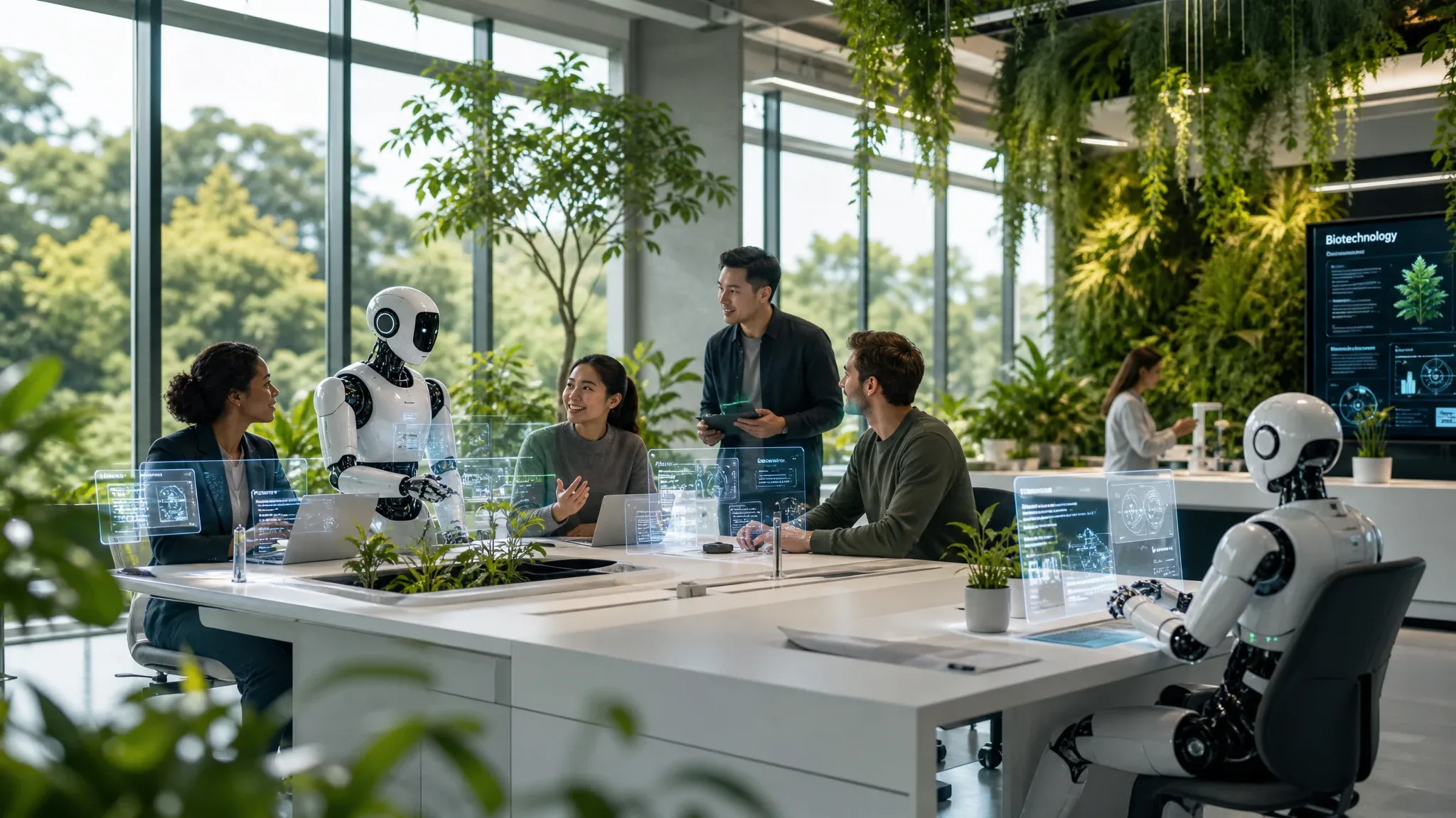 Humanoid robots and human researchers collaborating in a biophilic innovation lab