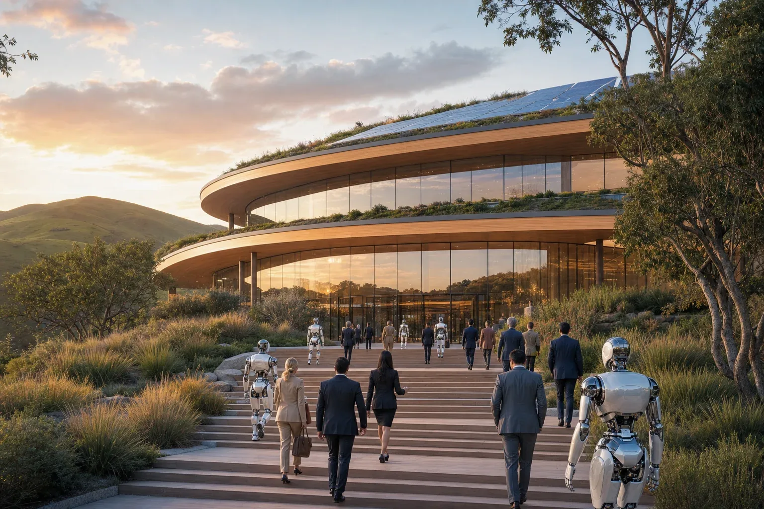 A sweeping low-rise curved glass-and-timber convention centre with a planted green roof and solar panels, people and humanoids arriving, gentle green hills behind