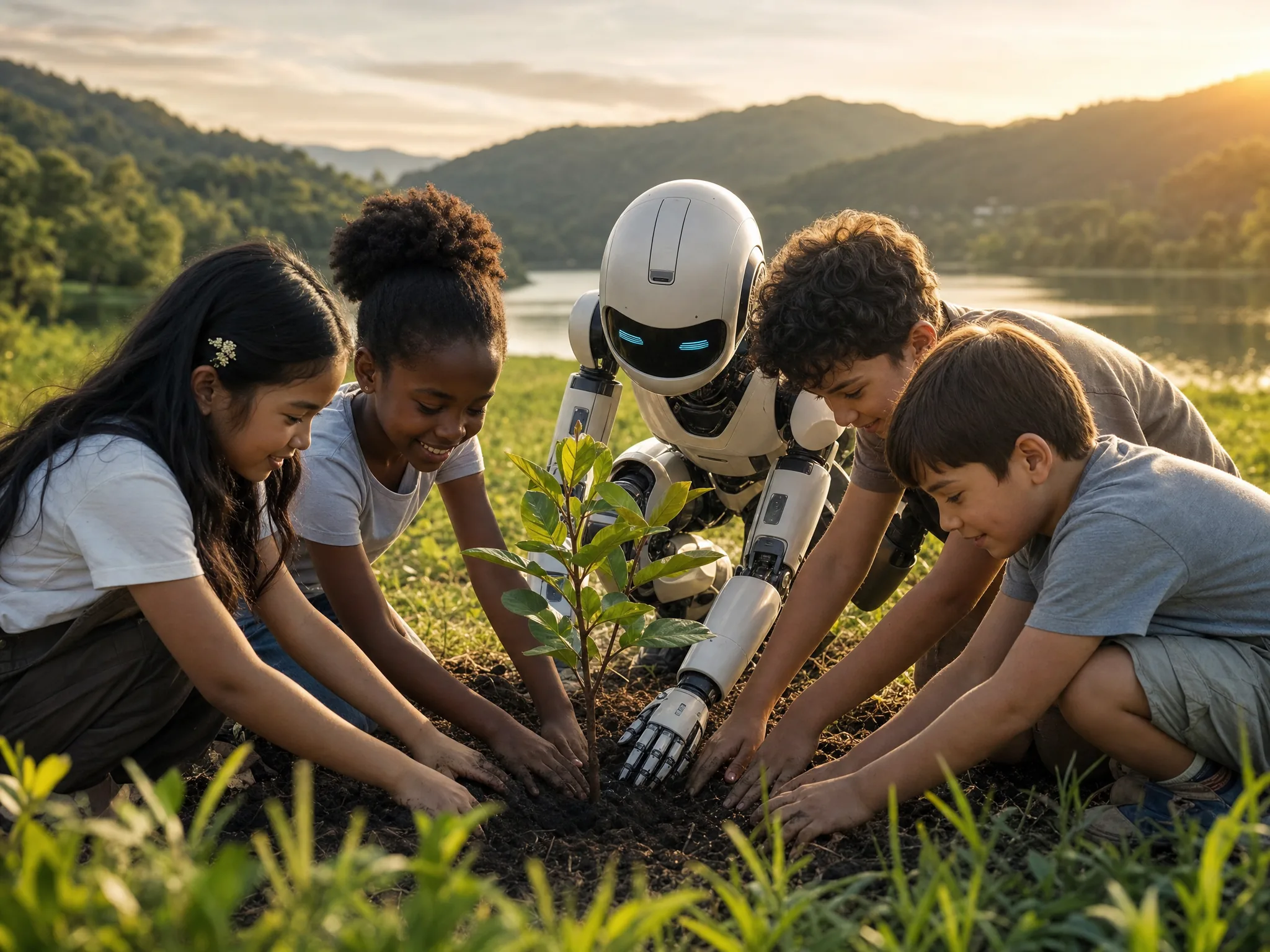 Diverse children and a friendly humanoid robot planting a young tree together in green parkland