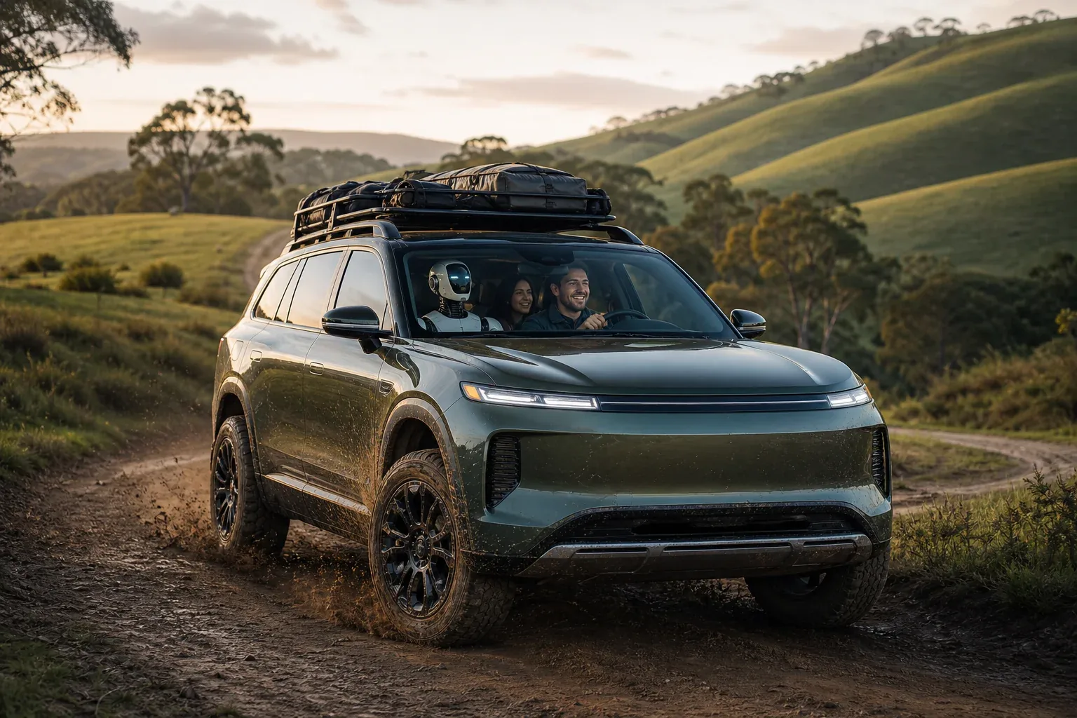 An unbranded rugged electric 4x4 navigating an off-road dirt trail through gentle green hills with a humanoid co-driver