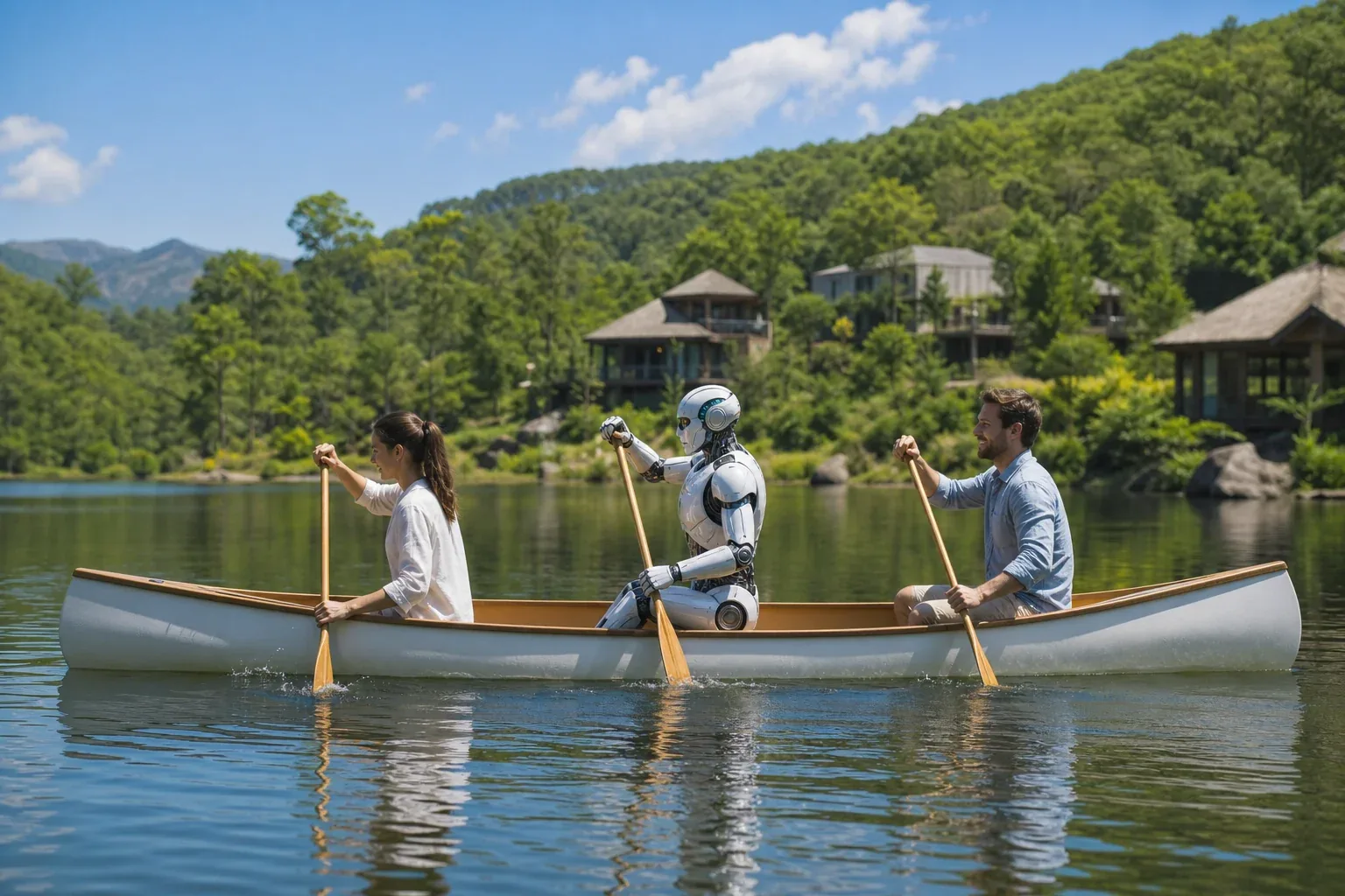 Humanoid robot paddling a canoe with humans on a calm resort lake