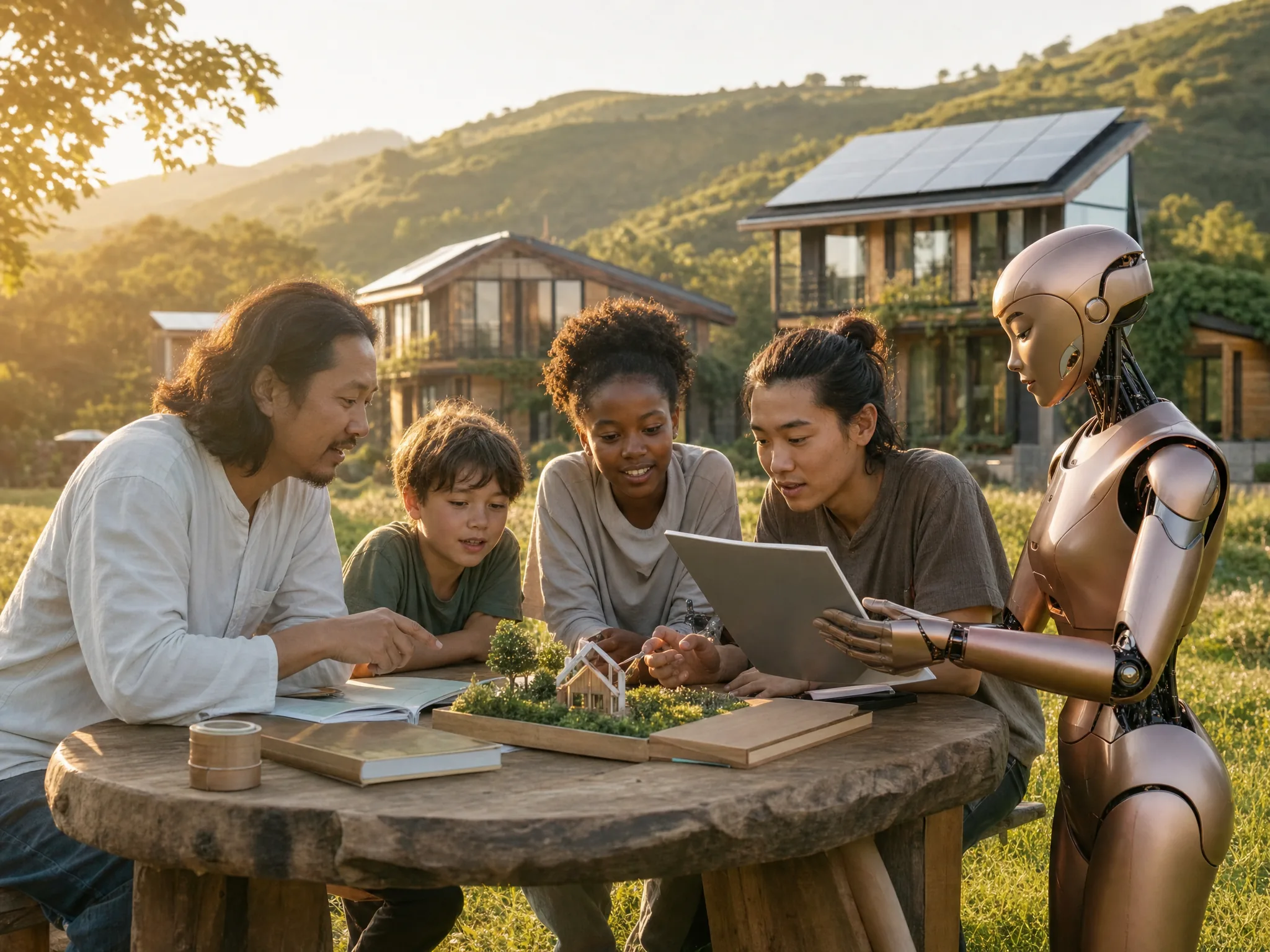 A multicultural mentor teaching young learners of varied ages at an outdoor timber table with a premium humanoid robot assisting, green hills and solar eco-homes behind at golden hour