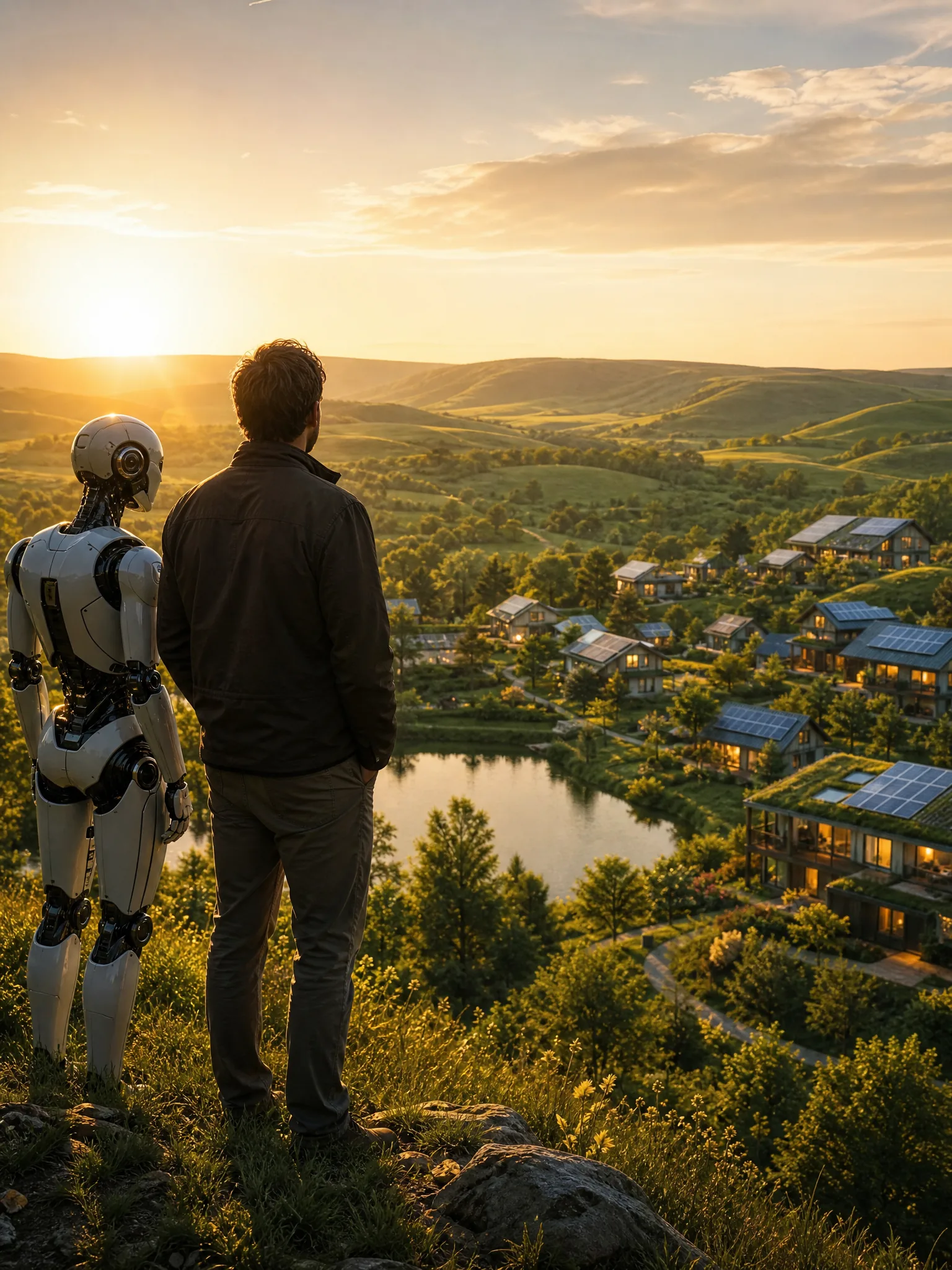 A lone visionary and a humanoid robot standing together at dawn, overlooking a green eco-resort valley