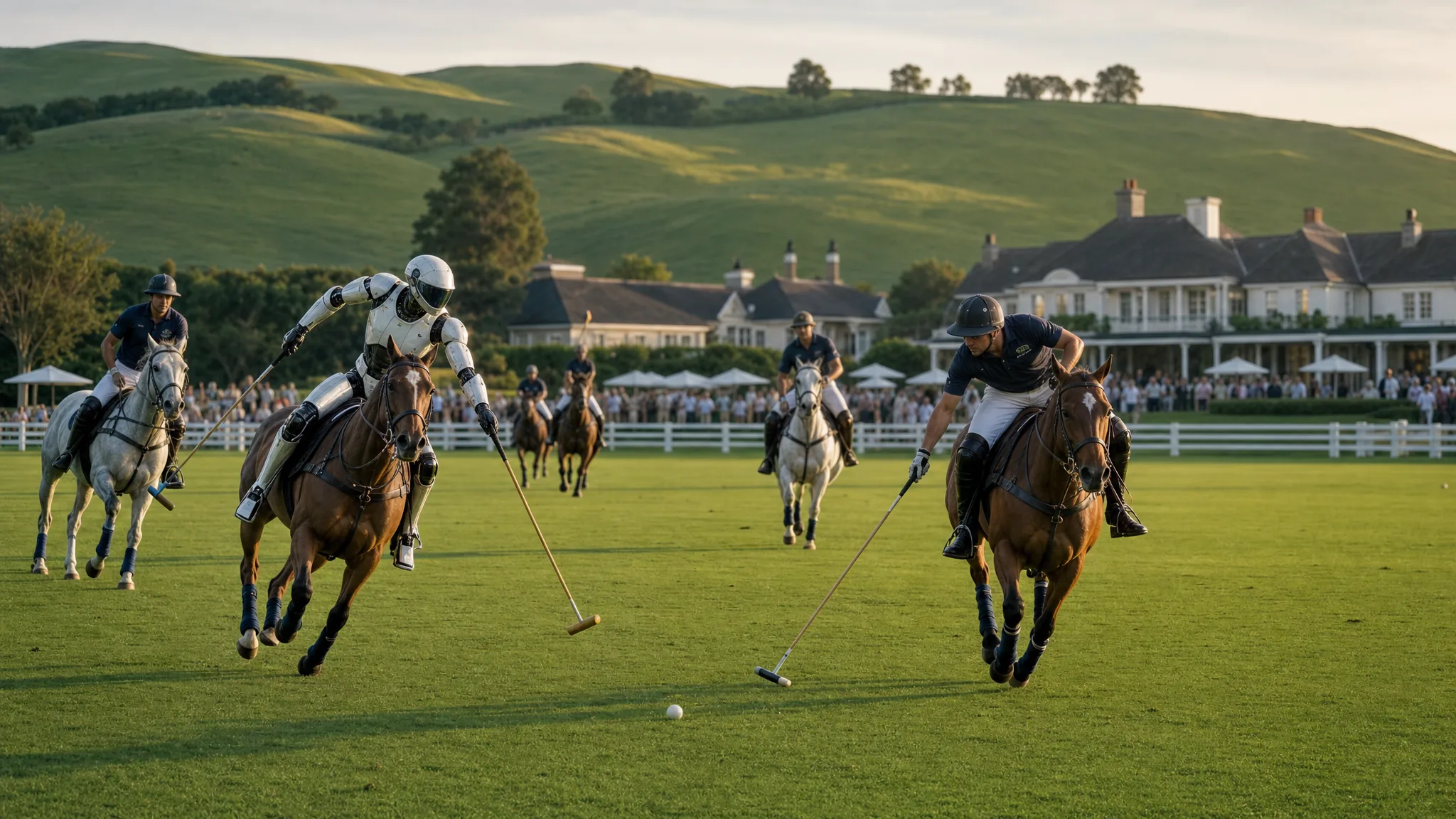 A polo match in play with human players and a premium humanoid on horseback, white rail fencing, an elegant clubhouse and gentle green hills behind