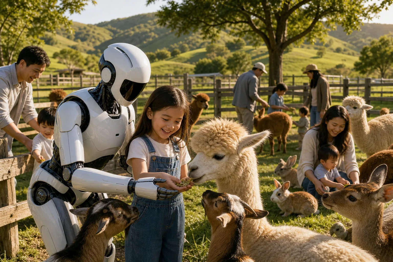 Children and adults feeding friendly alpacas, goats and deer with a premium humanoid helping, on a green pasture