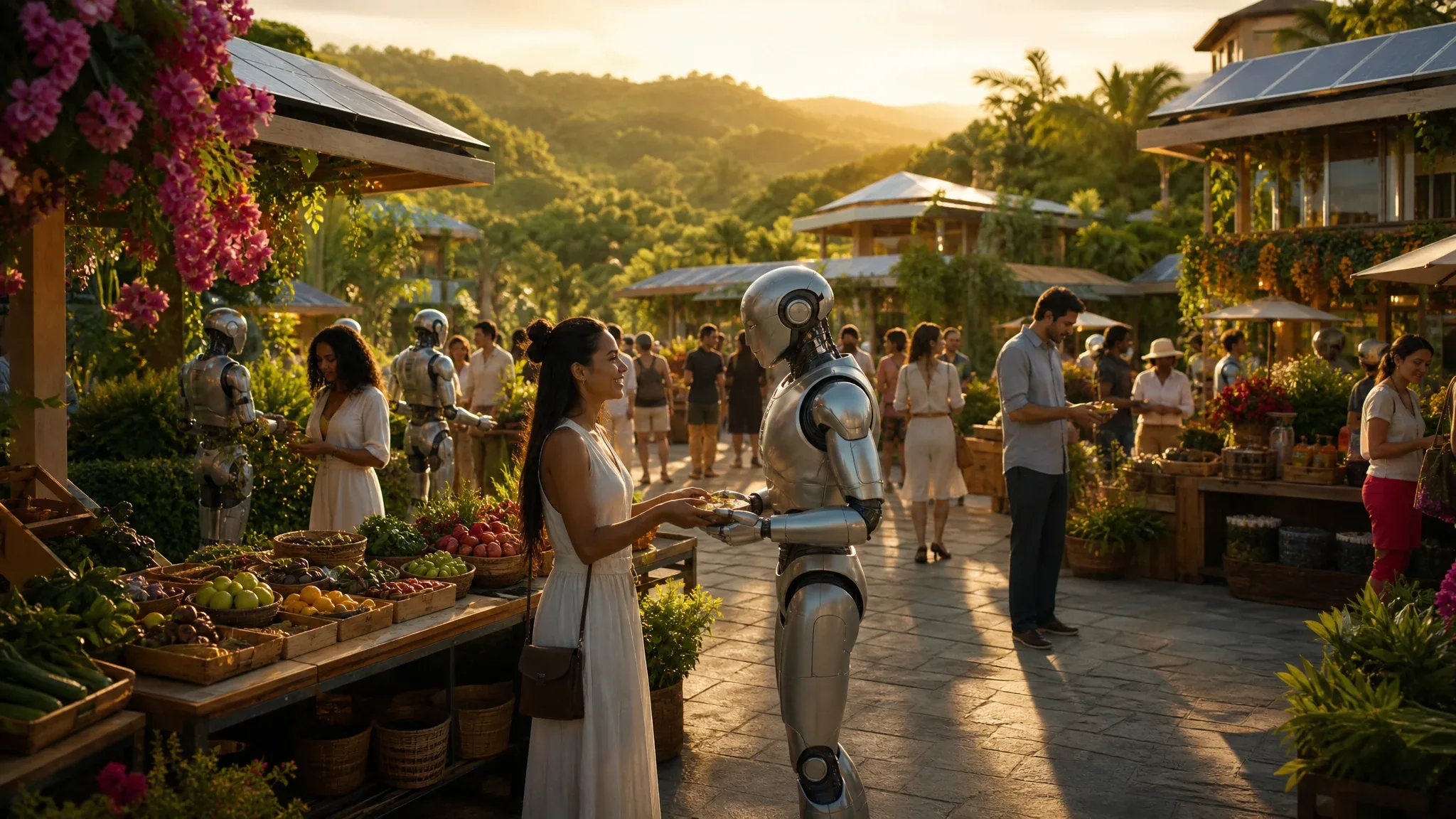 A thriving open-air community marketplace at golden hour where humans and humanoids exchange goods and services