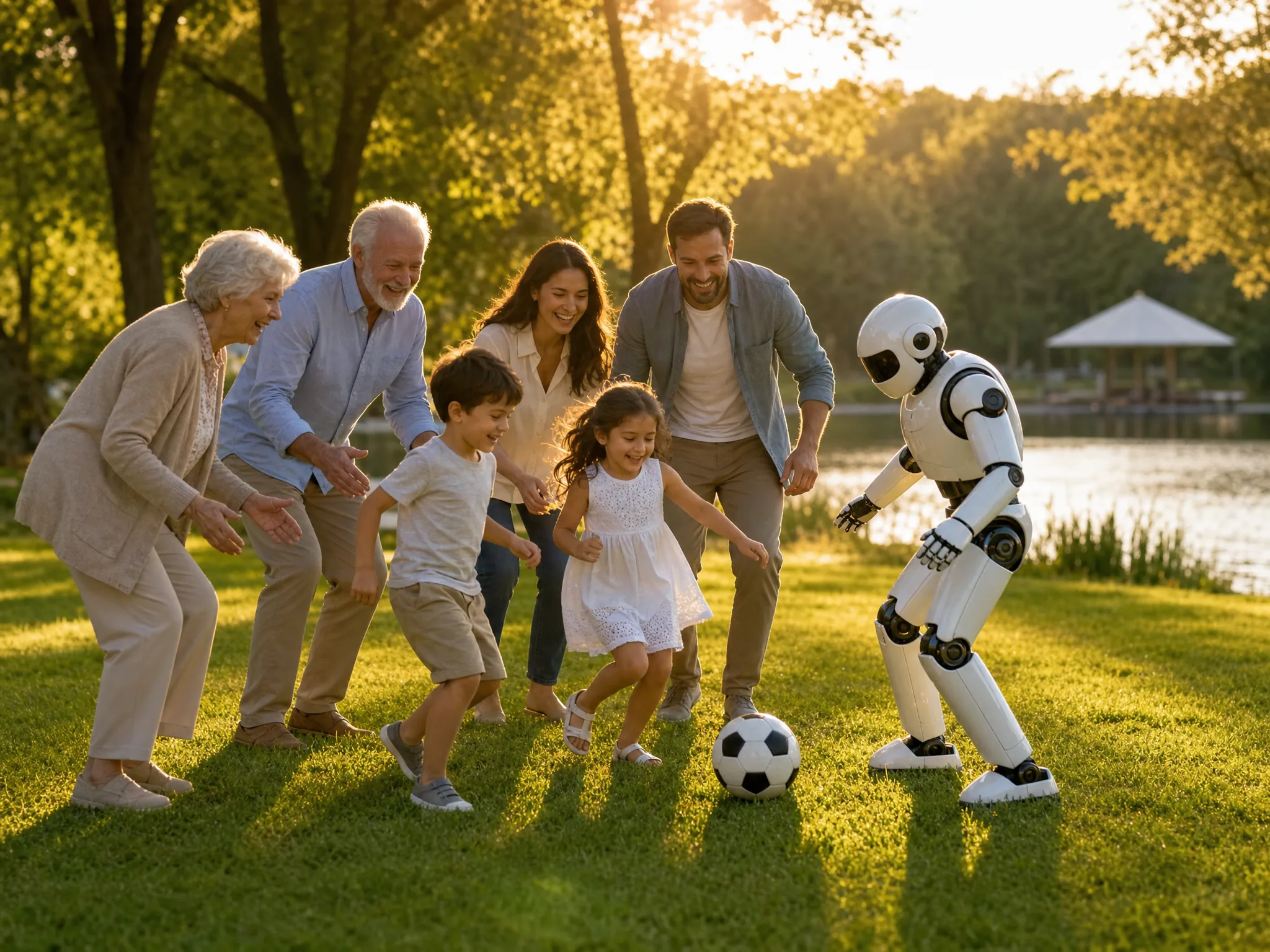 A multigenerational family enjoying a lakeside lawn while a friendly humanoid robot plays with the children