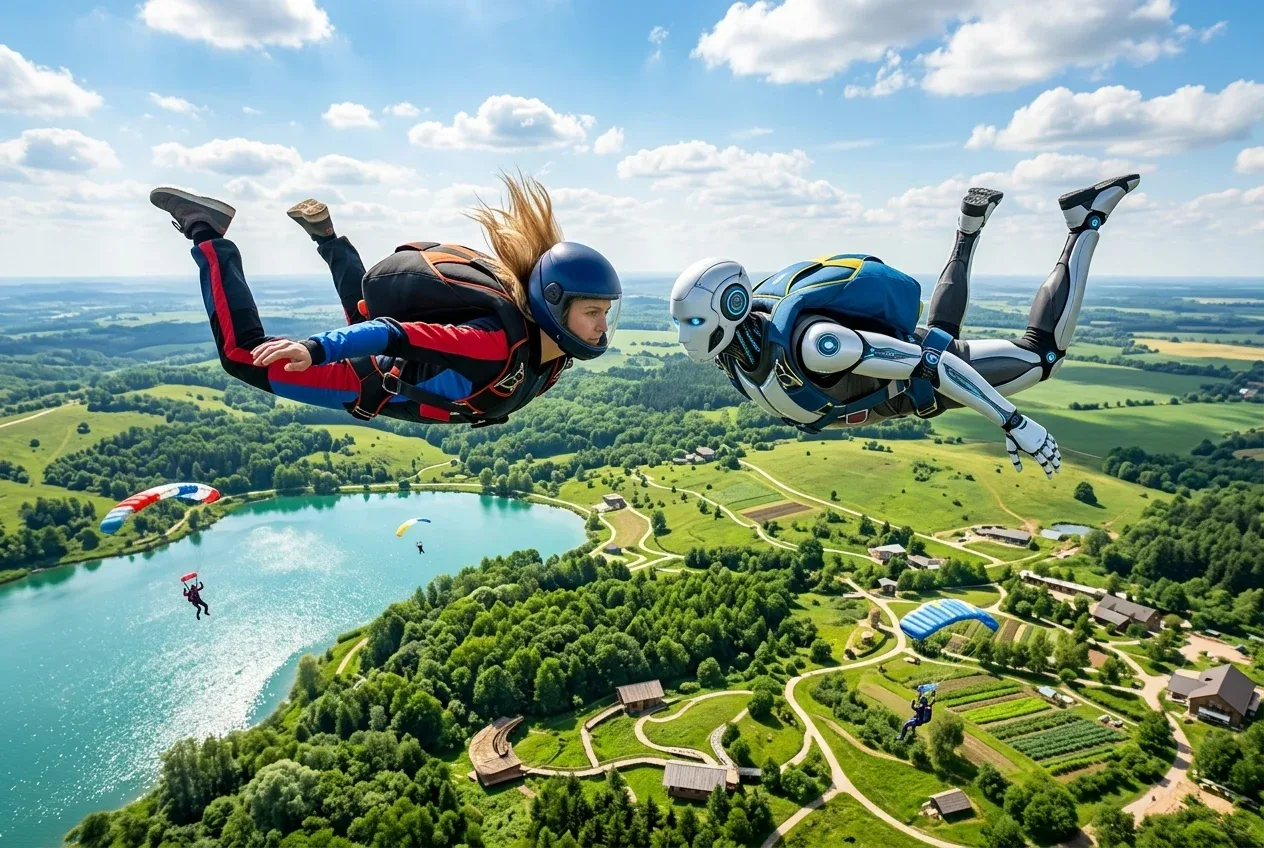 Humanoid robot and human skydiver in freefall above the green resort