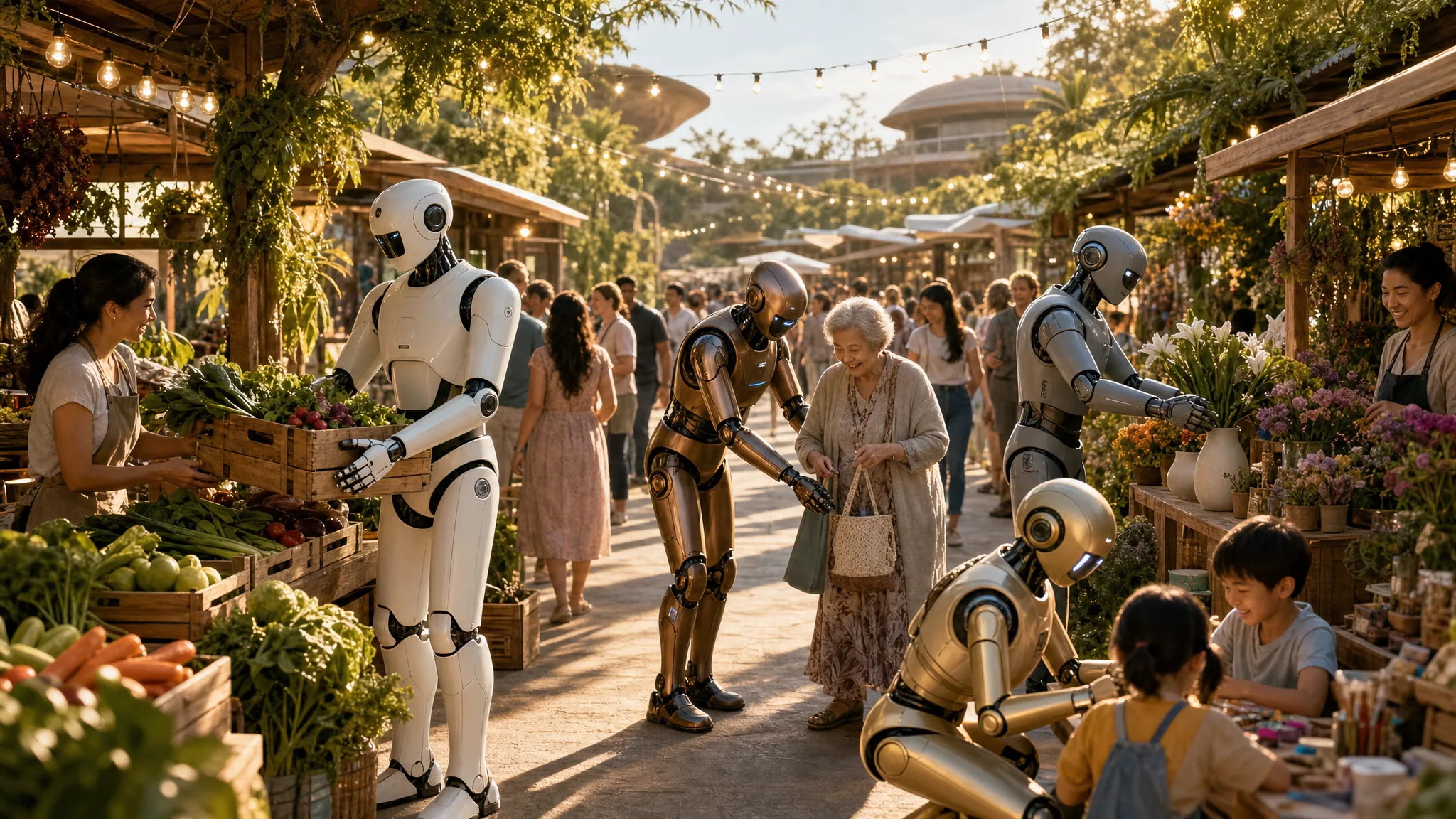 A vibrant weekend farmers and makers market with wooden stalls, a diverse crowd, and humanoids helping vendors and shoppers at golden hour