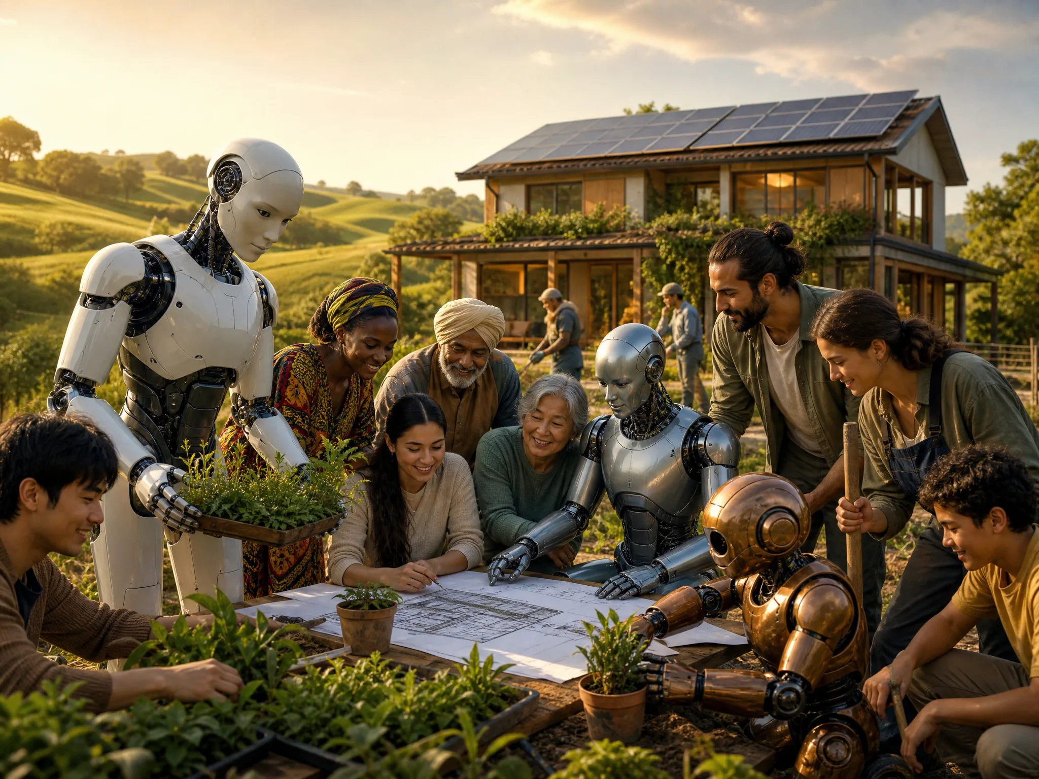 A diverse, multigenerational circle of people collaborating with varied humanoid robots on a shared regenerative project beside a solar eco-home at golden hour