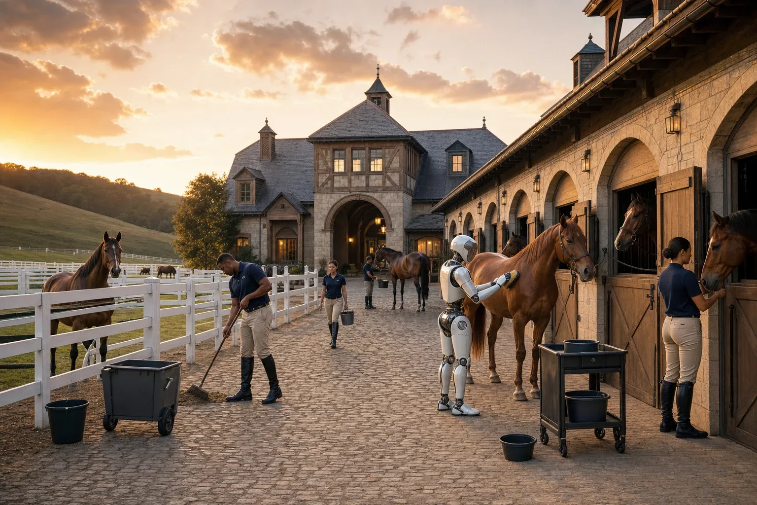 A grand timber-and-stone stables complex around a cobbled courtyard with horses, human grooms and a premium humanoid, white-fenced paddocks and gentle green hills