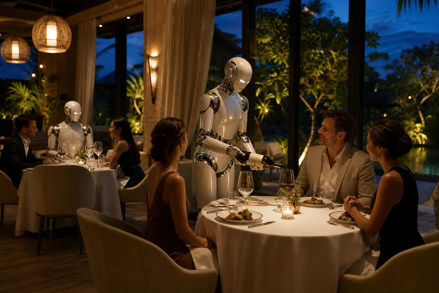 Humanoid robot serving and dining with human guests at an upscale restaurant