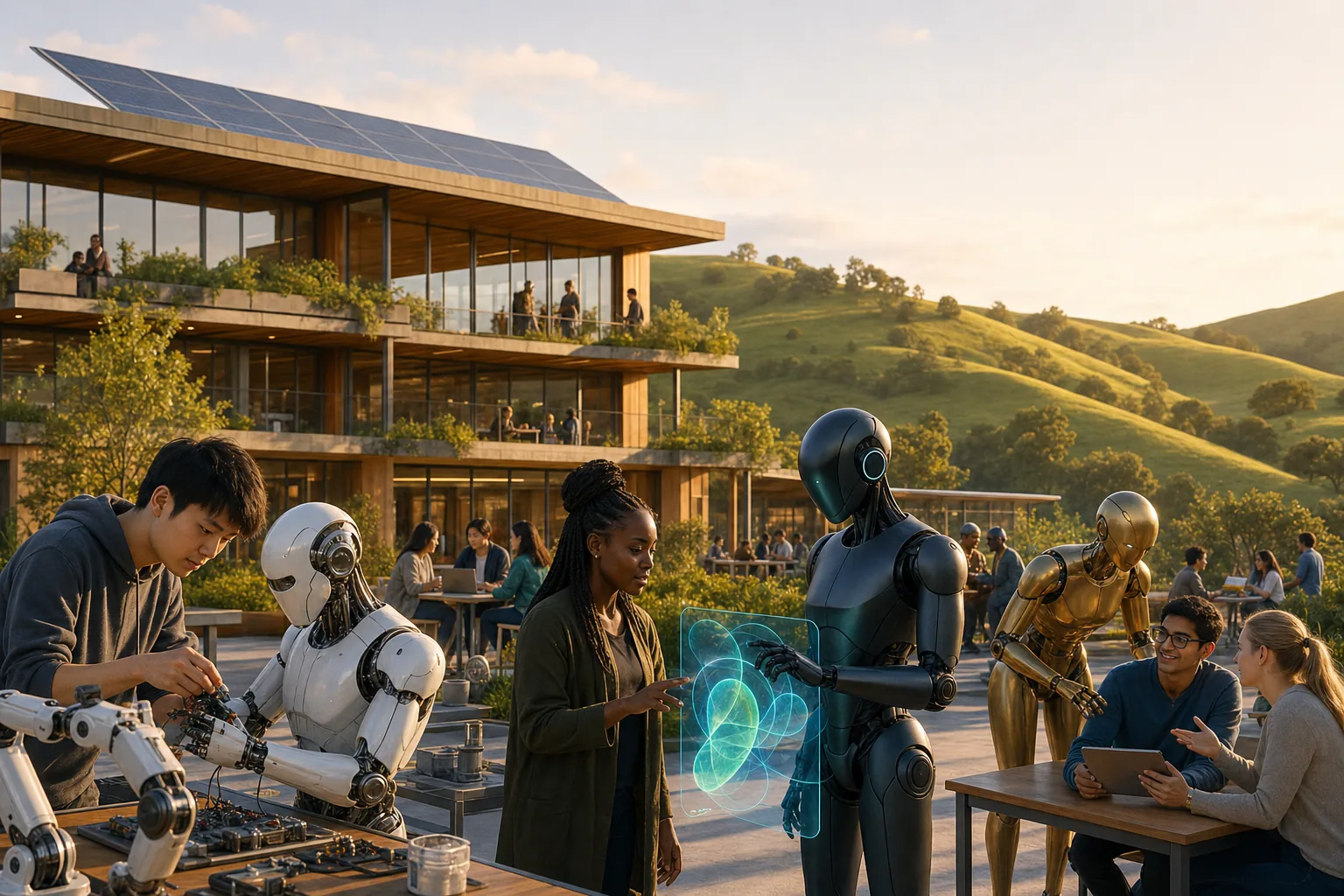 A multicultural group of students collaborating with distinctly different premium humanoid robots around glowing holographic displays in a glass-and-timber campus