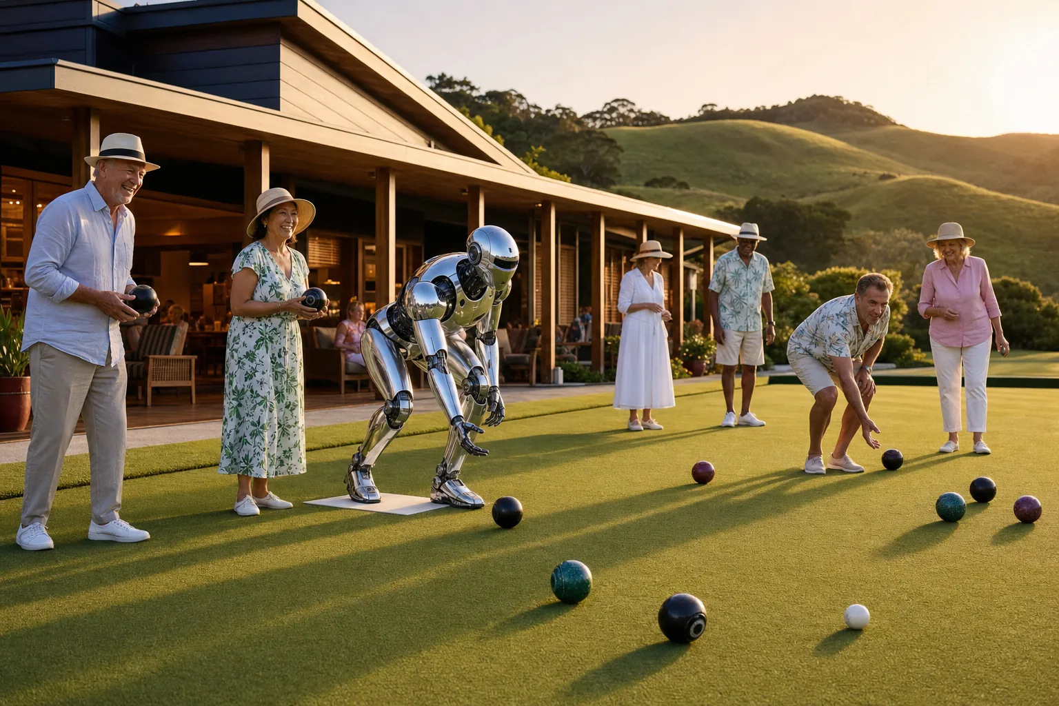 Diverse players and a premium humanoid rolling bowls on a manicured lawn bowls green beside a low timber clubhouse