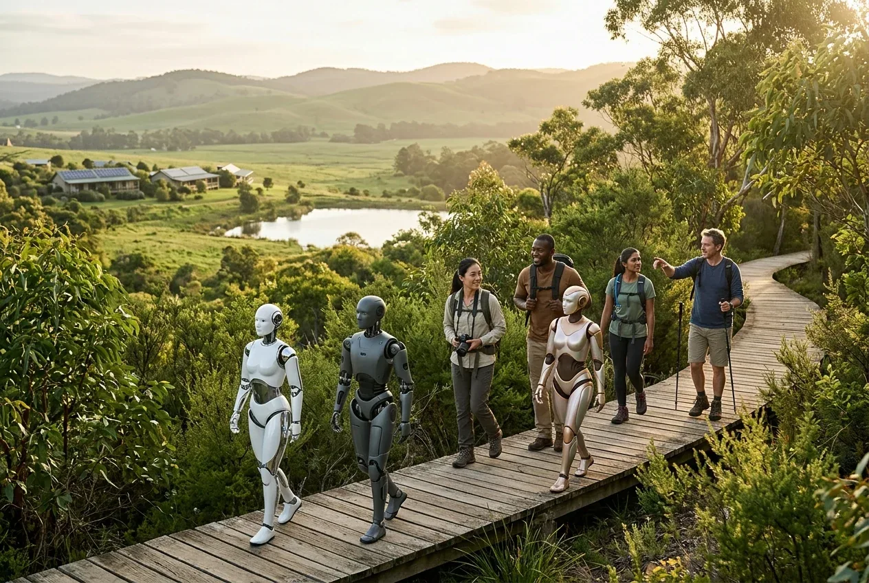 A multicultural group of hikers walking a timber boardwalk bush trail with three distinctly different premium humanoid robots, overlooking a lush valley with a modest lake and solar eco-homes among gentle green hills at golden hour