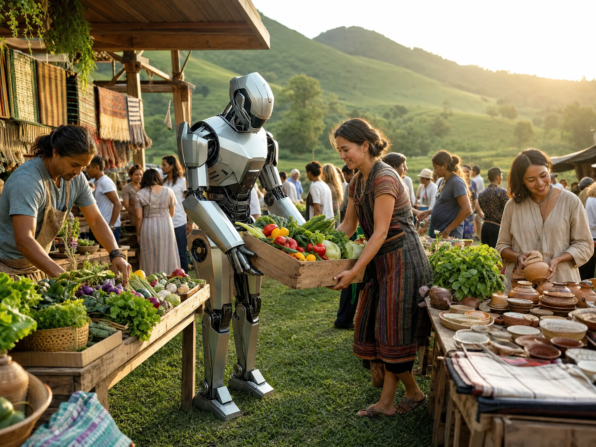 A bustling open-air community market on green grounds with multicultural makers and vendors, a distinct premium humanoid robot carrying crates, gentle green hills behind at golden hour