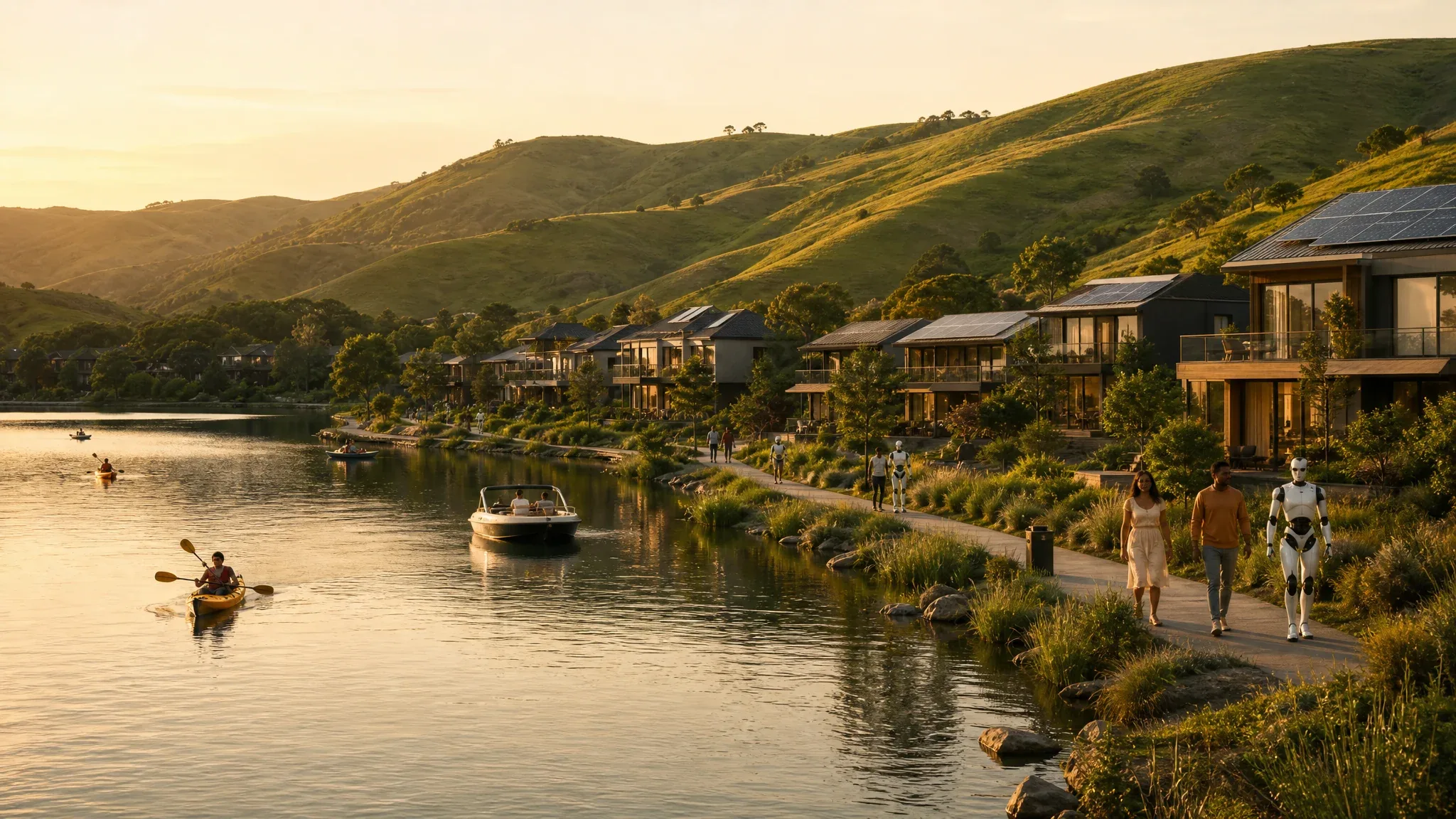 A modest recreational lake with kayaks and a small electric boat, lined with double-story solar eco-homes below gentle green hills at golden hour