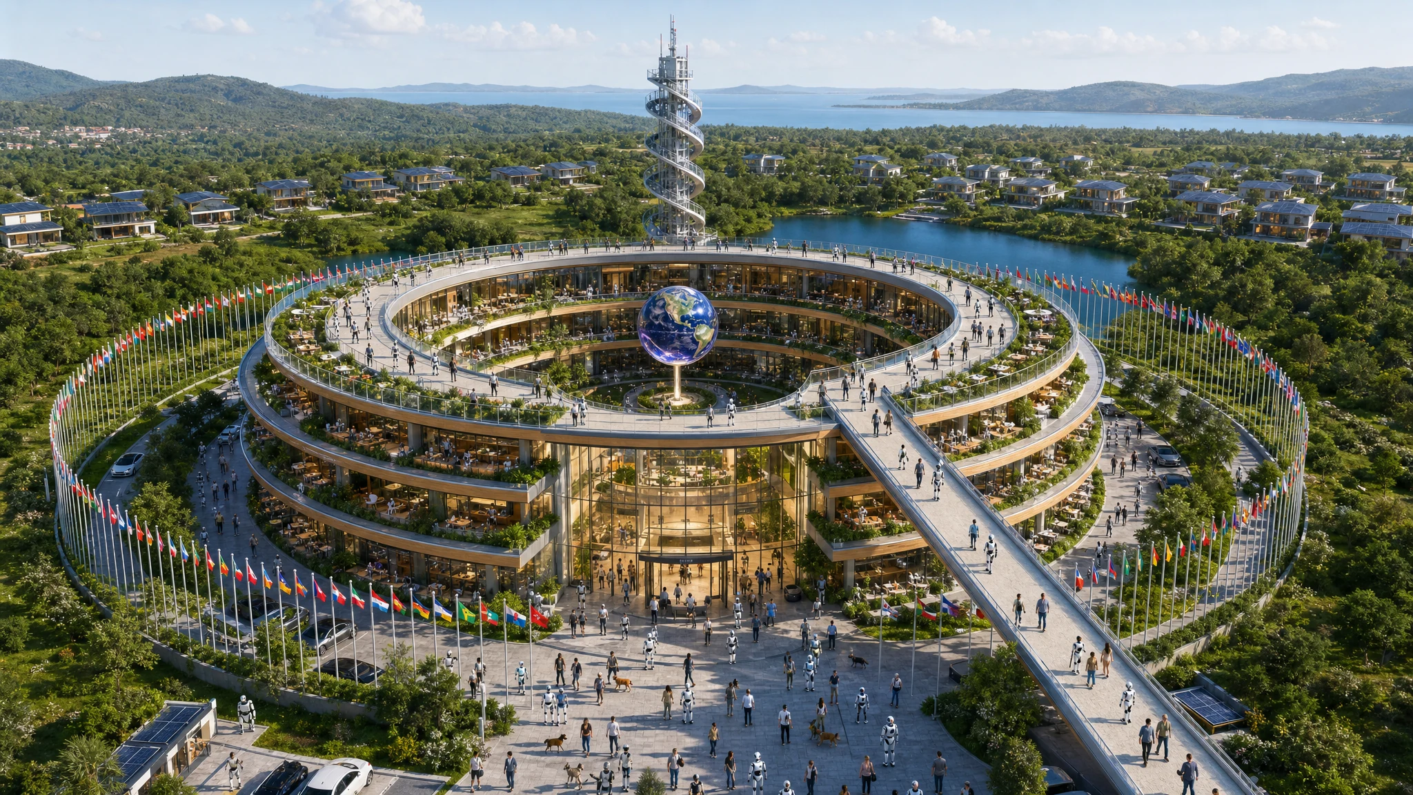 Bright sunny-day oblique aerial of the eco-resort headquarters shaped like a giant Q from above: a circular ring building of four floors — a two-storey double-height glass atrium foyer at the front, a complete circular ring of offices on level three and a complete circular ring of penthouse executive suites with planted terraces on level four — all balconies alive with lush vegetation, seats, lounge chairs and dining tables and crowded with many people, many premium humanoid robots and several dogs, internal glass lifts, a large illuminated globe of the Earth raised on a slender lit central mast at the heart of the courtyard, an unbroken circular rooftop promenade running the complete circle around the top, a straight walk-up access ramp with glass safety barriers on the front-right matching the width of the roof walkway and forming the short tail of the Q, a tall sculptural spiral helical antenna tower rising at the rear, a complete ceremonial ring of the 197 national flags of every country of the world on slender poles encircling the whole campus, a busy arrival forecourt thronged with people and humanoids, a smaller blue lake directly behind the building and two-story solar eco-homes set further away toward a larger lake among gentle green hills